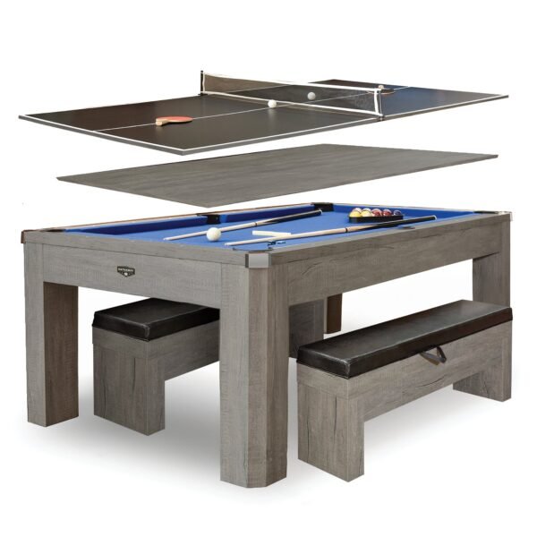 Hathaway Newport 7-ft Pool Table Combo Set with Benches – Rustic Gray with Blue Felt BG50374