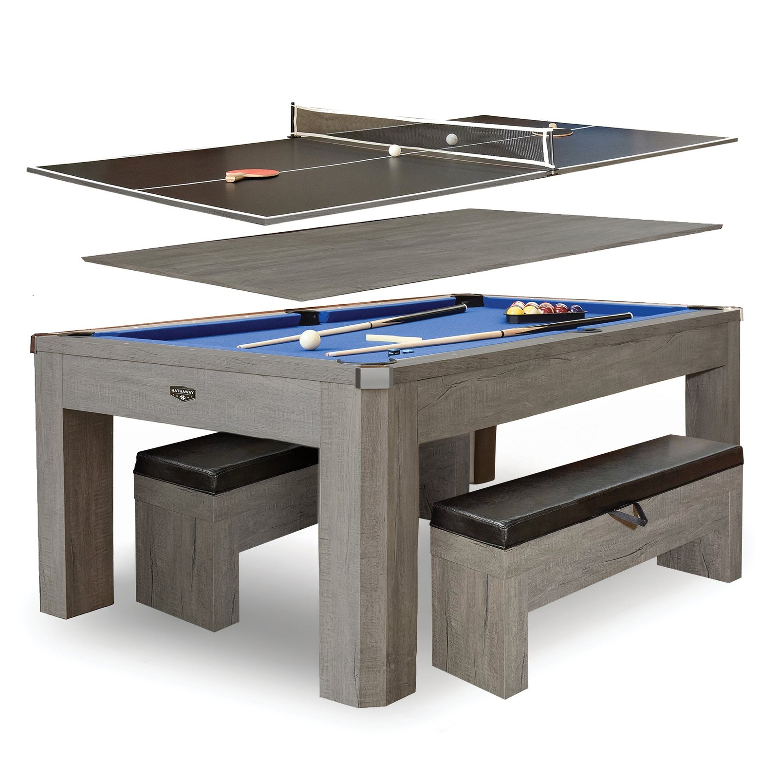 Hathaway Newport 7-ft Pool Table Combo Set with Benches – Rustic Gray with Blue Felt BG50374